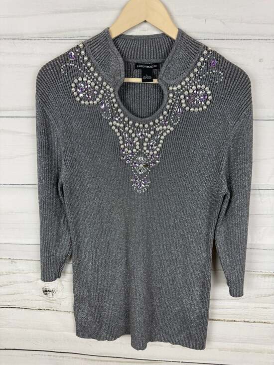 Lauren Michelle Sweaters - Lauren Michelle Silver Metallic Ribbed Sweater with Pearl and Purple Jewel